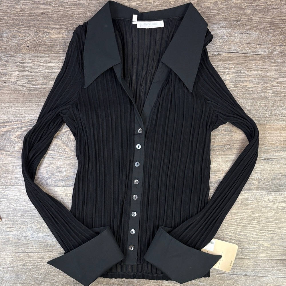 RAYURE Paris Zazie Black Ribbed Button-Front Top | Size 44 | Nordstrom Exclusive